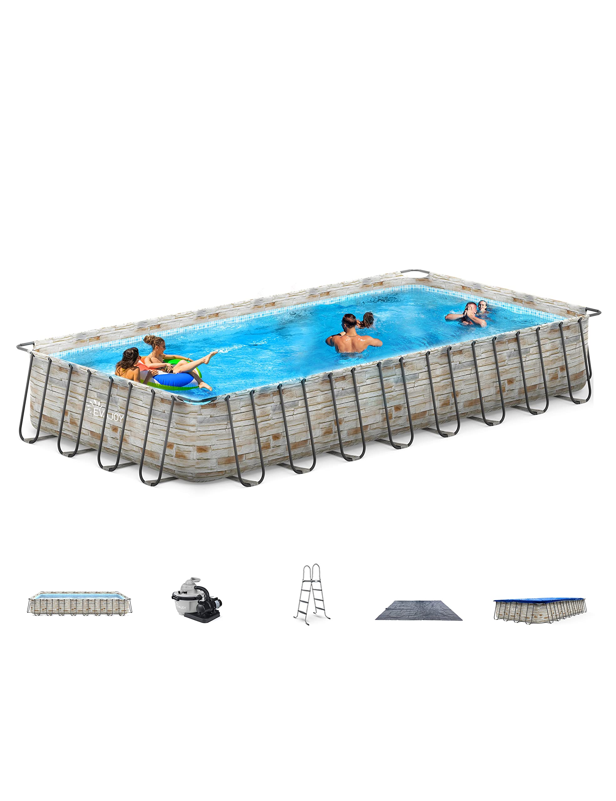 EVAJOY 32ft x 16ft x 52in Metal Frame Swimming Pool Set, Rectangular Above Ground Pool Cover with Sand Filter Pump, Pool Ladder, Ground Cloth for Backyard, Garden, PVC, Blue